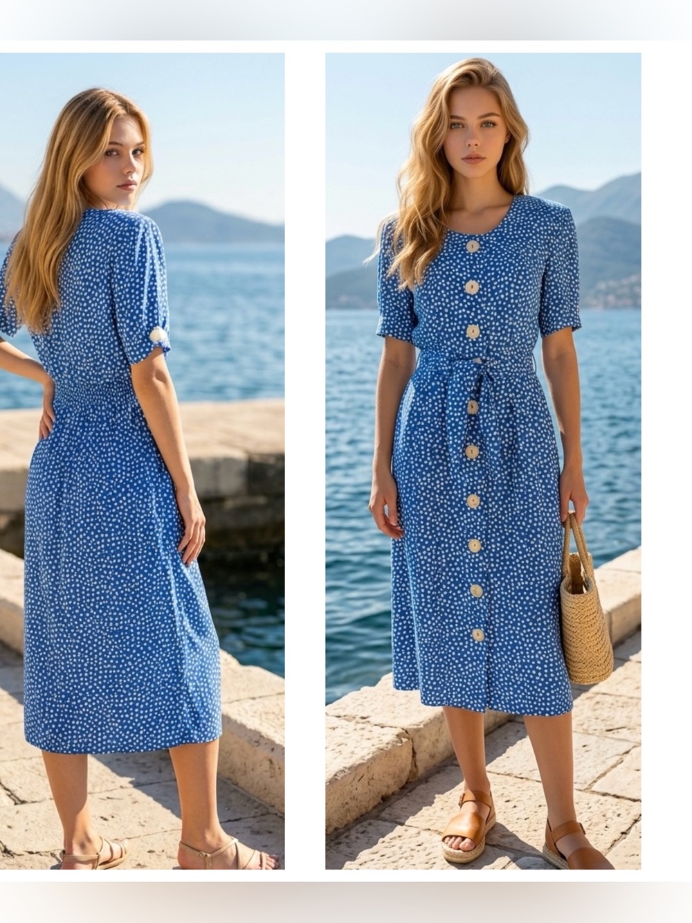 Karin Stevens Women Sz M Vintage 90’s Blue Dot Button-Front Midi Dress pockets